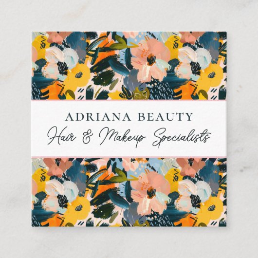 ピーチモダン&ブルー抽象芸術フローラ美容師 スクエア名刺 (正面)