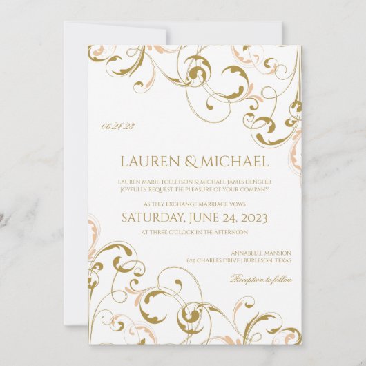 ピーチユニーク&金ゴールド結婚式招待状 |渦巻き 招待状 (正面)