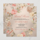 ピーチラグジュアリフェイクーゴールドフォイルフローラブライダルシャワー 招待状 (正面/裏面)