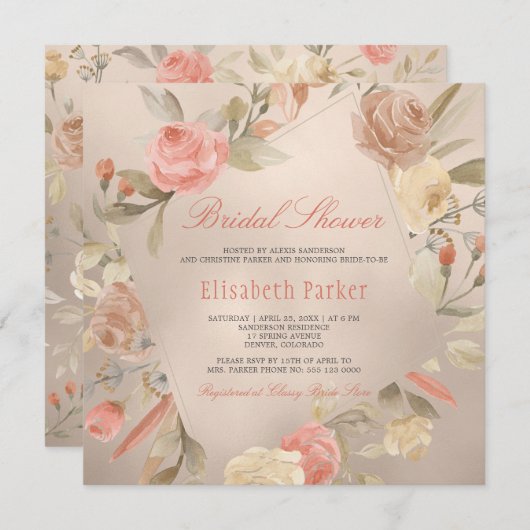 ピーチラグジュアリフェイクーゴールドフォイルフローラブライダルシャワー 招待状 (正面/裏面)