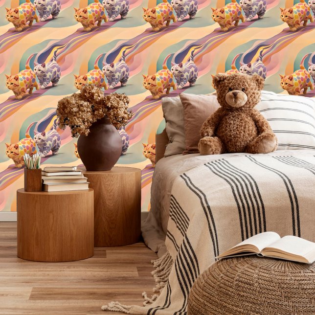 ピーチラベンダーキャッツよくはしゃぐおもしろいDIYピールアンドスティック 壁紙 (クリエイターアップロード済み)