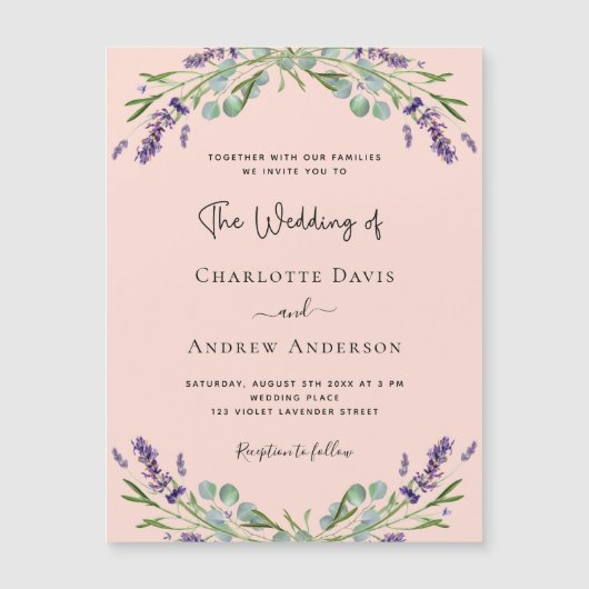 ピーチラベンダーバイオレット花模様ラグジュアリー結婚ズ マグネット招待状 (正面)