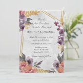 ピーチラベンダーフローラ金ゴールドフレームクリスチャン結婚ズ 招待状 (スタンド正面)