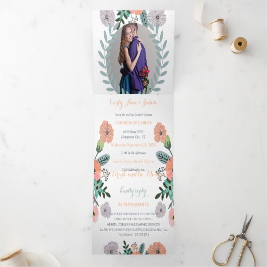 ピーチラベンダーラブミントグリーン結婚フローラ 三つ折り招待状 (内部)