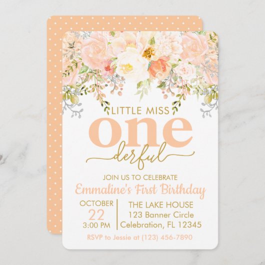 ピーチリトル恋しく思ワンダーフルガールファースト誕生日 招待状 (正面/裏面)