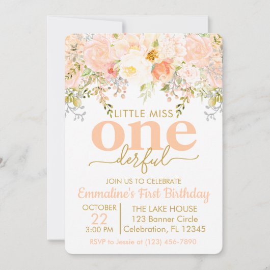 ピーチリトル恋しく思ワンダーフルガールファースト誕生日 招待状 (正面)