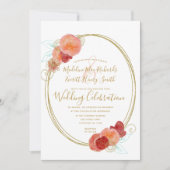 ピーチレッド金ゴールドフローラリース結婚式招待状 招待状 (正面)