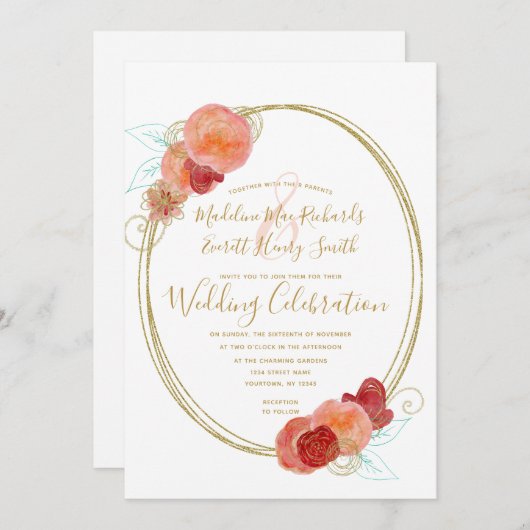ピーチレッド金ゴールドフローラリース結婚式招待状 招待状 (正面/裏面)