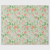 ピーチローズとハイビスカスがプリントされた緑の包装紙 ラッピングペーパー (フラット)