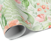 ピーチローズとハイビスカスがプリントされた緑の包装紙 ラッピングペーパー (ロールコーナー)
