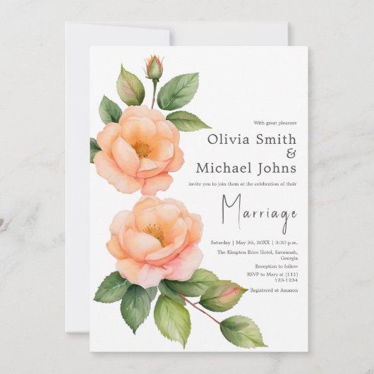 ピーチワイルドバラウォーターカラー結婚式招待状 招待状 (正面)