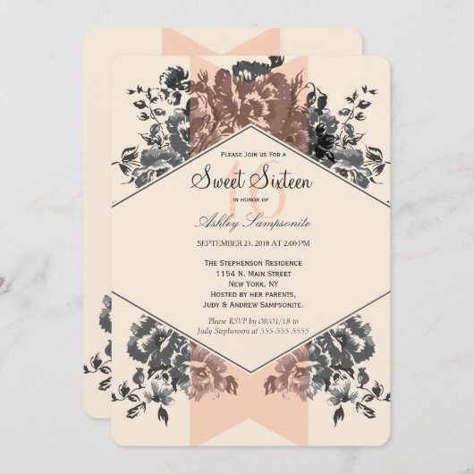 ピーチヴィンテージフローラとストライプ 招待状 (正面/裏面)