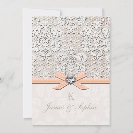 ピーチヴィンテージレース&パールズグラモ結婚ールズ 招待状 (裏面)