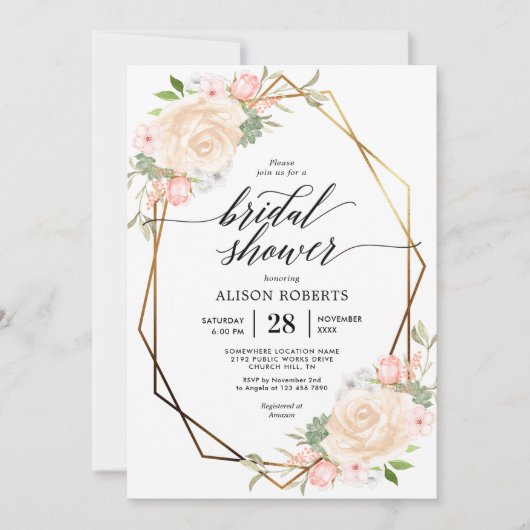 ピーチ水彩幾何学模様ブライダルシャワー 招待状 (正面)