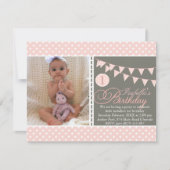 ピーチ水玉模様バンティンファースト誕生日招待状 招待状 (正面)