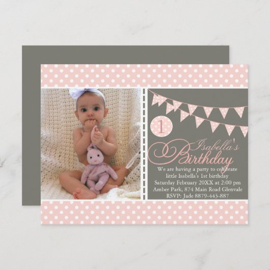 ピーチ水玉模様バンティンファースト誕生日招待状 招待状 (正面/裏面)