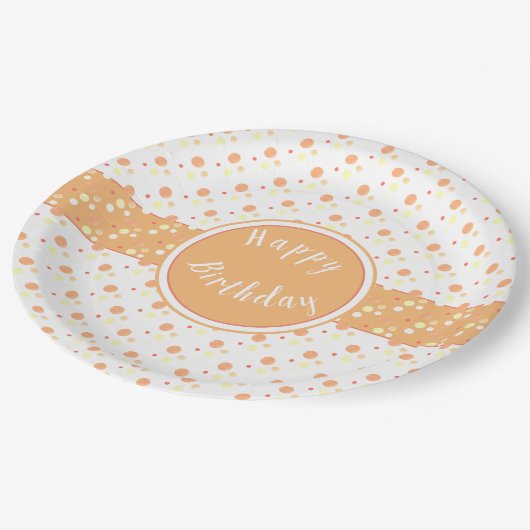 ピーチ水玉模様パターン(の模様が)ある紙誕生日プレート ペーパープレート (アングル)