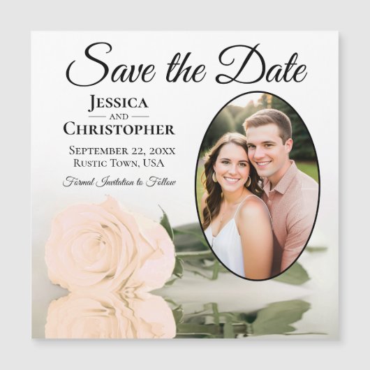 ピーチ淡い色のバラウェディング日付写真マグネットを保存 (正面)