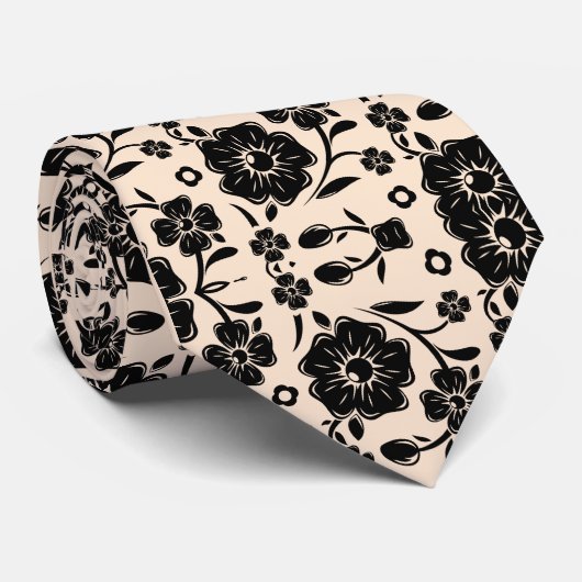 ピーチ淡い色のブラックフローラ ネクタイ (ロール)