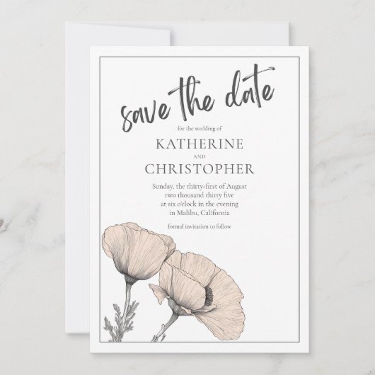 ピーチ淡い色のポピーエレガントズフローラ結婚ズ セーブザデート (正面)