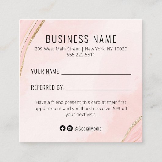 ピーチ淡い色のーのピンクと金ゴールド水色紹介カード スクエア名刺 (裏面)