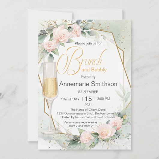 ピーチ淡い色のーのピンクの花ブランチと泡立つシャワー 招待状 (正面)