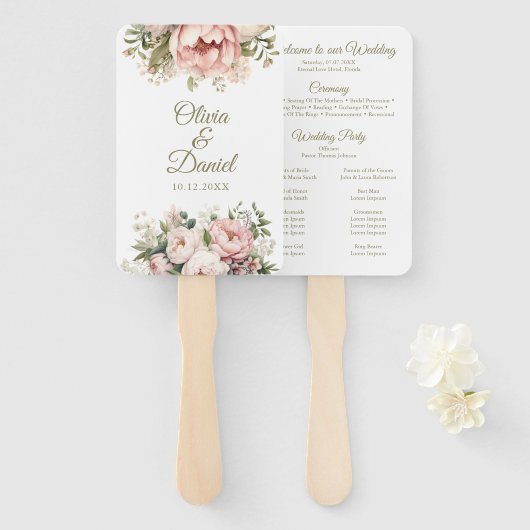 ピーチ淡い色の&赤面ピンクフローラ結婚式 プログラム ハンドファン (正面&裏面)