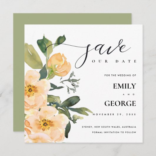 ピーチ牡丹の水色のフローラは、日付カードを保存 サンキューカード (正面/裏面)