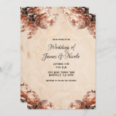 ピーチ牡丹の花ヴィナージ素朴ズ結婚 招待状 (正面/裏面)
