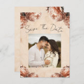 ピーチ牡丹の花素朴ヴィンテージ保存日 案内ポストカード (正面/裏面)