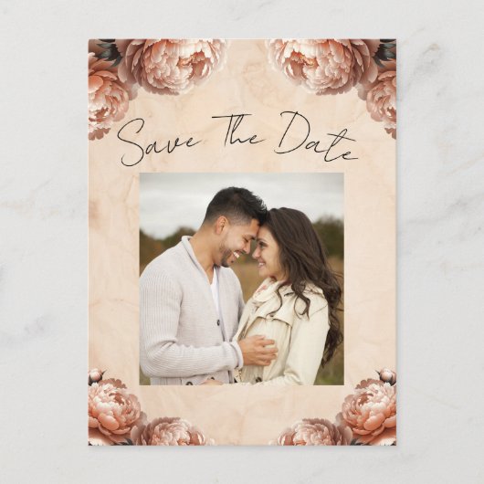 ピーチ牡丹の花素朴ヴィンテージ保存日 案内ポストカード (正面)