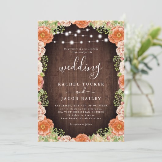ピーチ素朴コーラルフローラグリーンリー秋の結婚式 招待状 (スタンド正面)