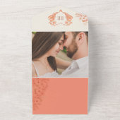 ピーチ素朴フローラハートモノグラム結婚ズ オールインワン招待状 (外側)