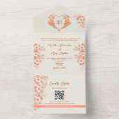 ピーチ素朴フローラハートモノグラム結婚ズ オールインワン招待状 (内側)