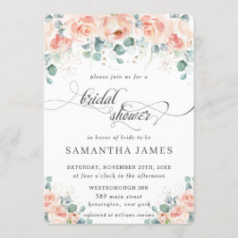 ピーチ素朴フローラバラグリーナリーブライダルシャワー 招待状