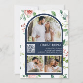 ピーチ素朴フローラレースネイビーブルーQRコード結婚ズ 招待状 (裏面)