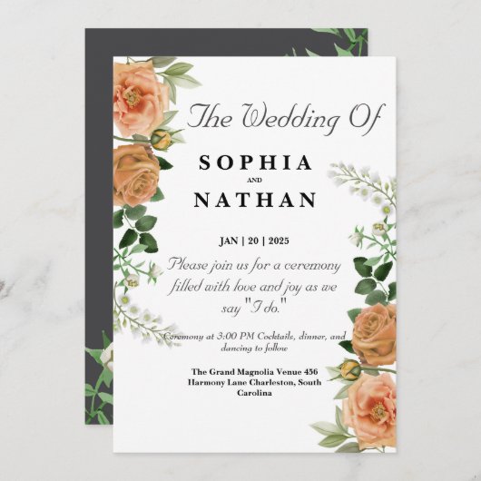 ピーチ素朴フローラ結婚式招待状グリーンリー 招待状 (正面/裏面)