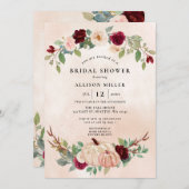 ピーチ素朴ブルガンディパンプキンス秋ブライダルシャワー 招待状 (正面/裏面)