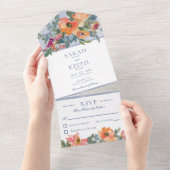 ピーチ素朴ブルー&ホワイトフローラNoディナー オールインワン招待状 (貼ってはがせる)