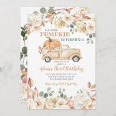 ピーチ素朴ートラックのカボチャが3誕生日を回している 招待状 (正面/裏面)