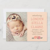 ピーチ素朴秋フローラベビーガールフォト誕生 案内状 (正面)