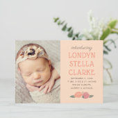 ピーチ素朴秋フローラベビーガールフォト誕生 案内状 (スタンド正面)