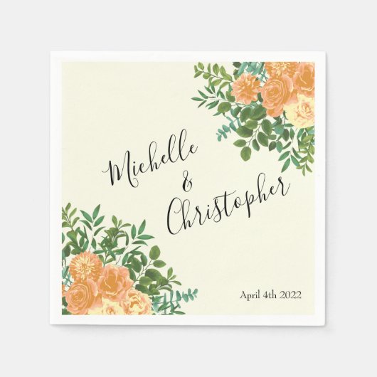 ピーチ結婚アイボリーヴィンテージバラ スタンダードカクテルナプキン (正面)