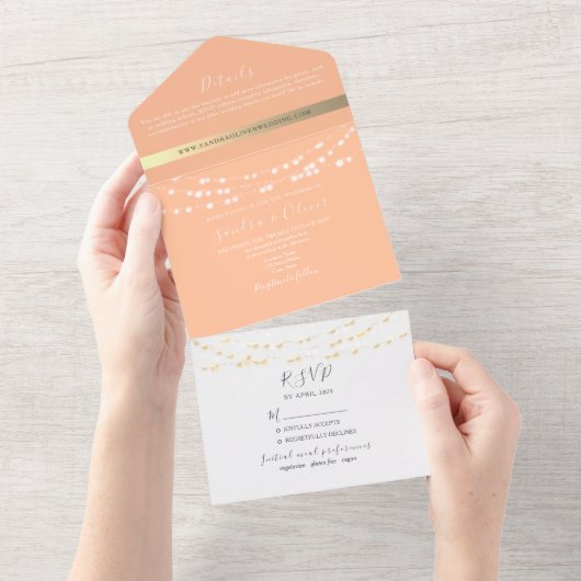 ピーチ結婚式招待状（ストリングライト付） オールインワン招待状 (貼ってはがせる)