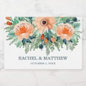 ピーチ翡翠ティール（緑がかった色）フローラウォーターカラーミニ スパークリングワインラベル (シングルラベル)