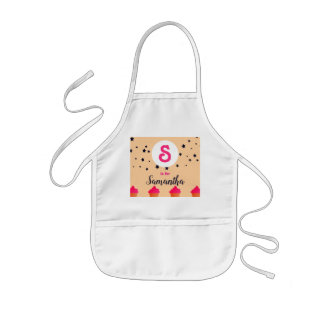 ピーチ色のイニシャル&ネーム入りカップケーキキッズエプロン 子供用エプロン