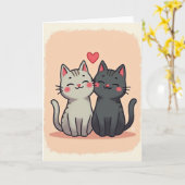 ピーチ色のキュートな猫のラブカード カード (黄色い花)