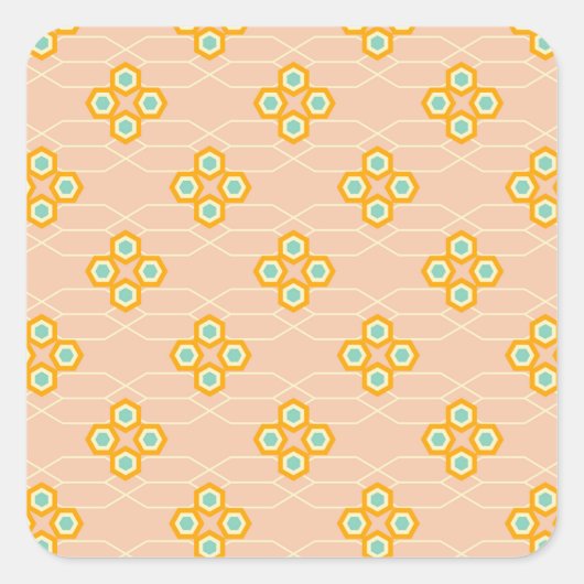ピーチ色の背景に六角形の花柄 スクエアシール (正面)