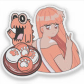 ピーチ色の髪のアニメ女子と猫の肉球モチと面白い恐竜 シール (正面)