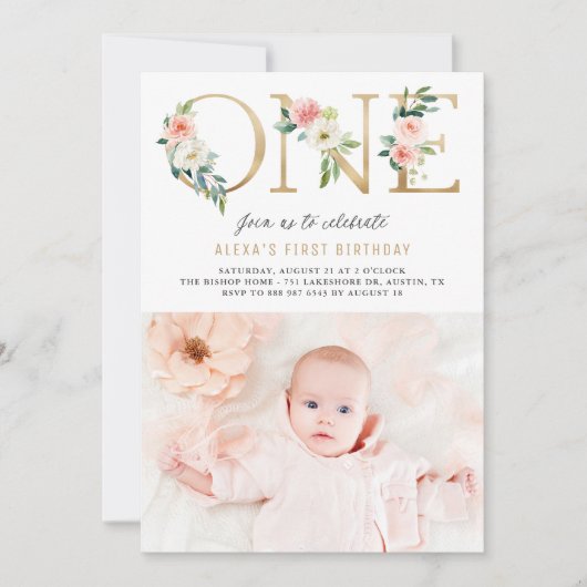 ピーチ花模様フェイクゴールドフォイルファースト誕生日写真 招待状 (正面)